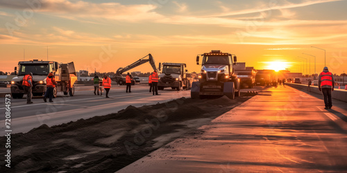 Road construction crew at work during golden hour sunset