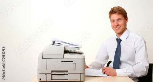 Young business man working at the office with a copier in the foreground