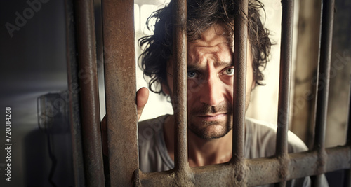 Portrait of a man in prison behind bars looking at the camera