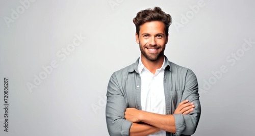portrait of a smiling young man with arms crossed on grey background