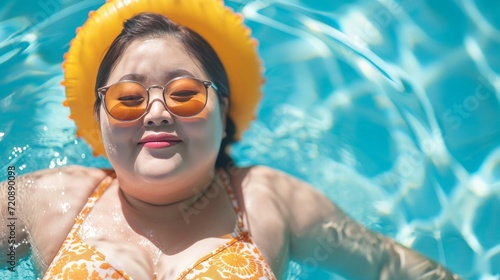 Overweight young Asian woman wearing swimsuit relaxing in the pool Happy plus size woman cheery funny Vacation Traveling in summer