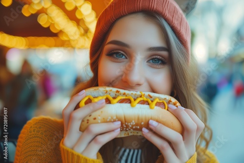 Beautiful young woman having a hotdog