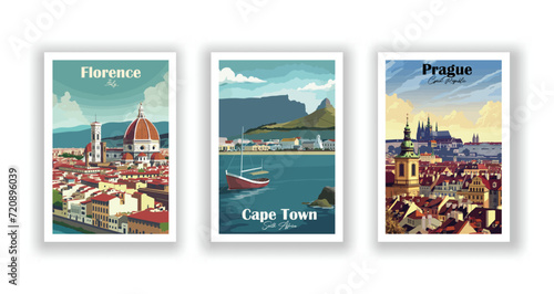 Cape Town, South Africa. Florence, Italy. Prague, Czech Republic. Vintrage travel poster. Wall Art and Print Set for Hikers, Campers, and Stylish Living Room Decor.