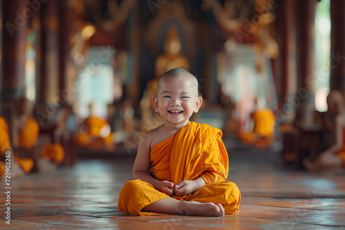 Portrait of smiling Buddhist monk baby sitting in lotus pose in temple