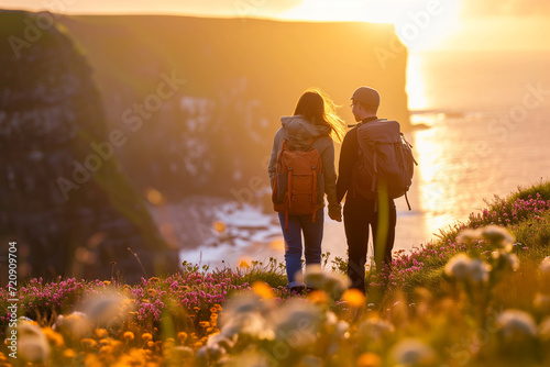A couple of young hikers with heavy backpacks admiring scenic view of spectacular Irish nature. Breathtaking landscape of Ireland. Hiking by foot.