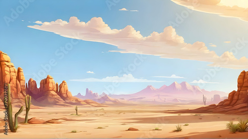 Desert natural landscape with sandstone hills and cactus plants. Cartoon or anime illustration style.