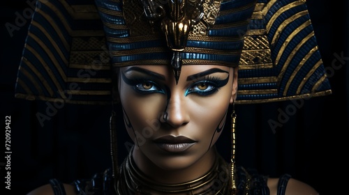 Ancient female egyptian pharaoh statue in traditional attire and regal pose