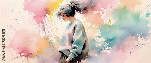 Side view of a long-haired woman wearing a large sweater with her eyes closed. A background of pastel colored paint splatters. Graphic illustration.