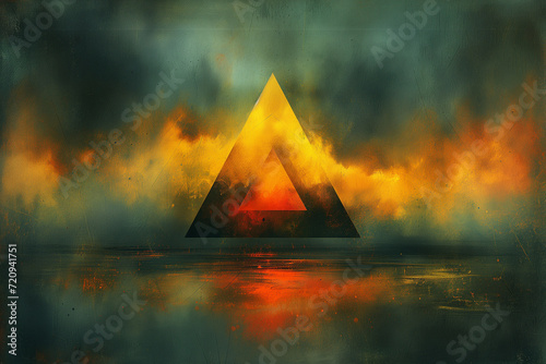 Paysage abstrait à base de triangles et de motifs ou couleurs rappelant le feu ou l'automne, deux pyramides au milieu des flammes