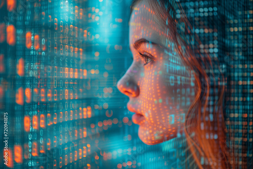 Portrait d'une femme derrière un fond futuriste montrant des chiffres et transferts de données informatiques, symbole d'innovation technologique et de progrès grâce à l'IT