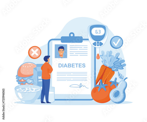 Glucometer for sugar level blood test with diet and unhealthy food. Medical report or diagnosis card. flat vector modern illustration 