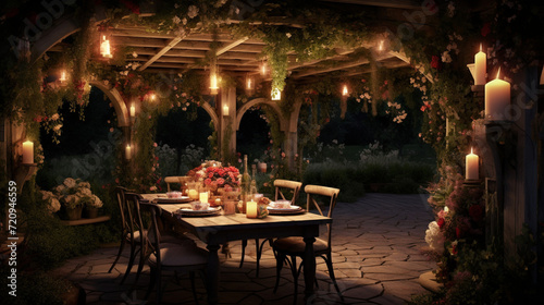 a garden pergola dressed in blooming vines and soft sunlight creates an enchanting escape, where nature's embrace and delicate fragrances intertwine in a picturesque dance.