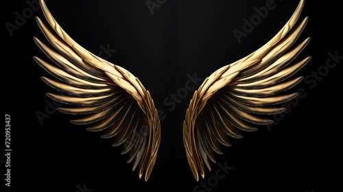 Gold wings on a black background. 3d rendering, 3d illustration. Generative AI