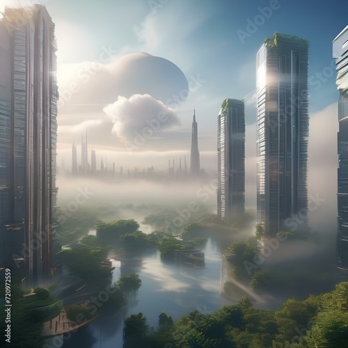 Floating city in the clouds, skyscrapers above the mist, utopian futuristic illustration1
