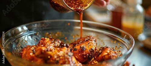 Sauce is poured over chicken legs as chef marinates and mixes them in a bowl with spices and sauce at a culinary master class. Close-up.