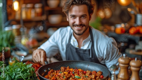 A man in his kitchen, relishing the aroma of his food as it cooks in a pan