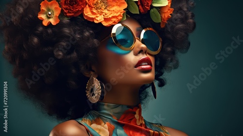 Beautiful african american woman with afro hairstyle and sunglasses Generative AI