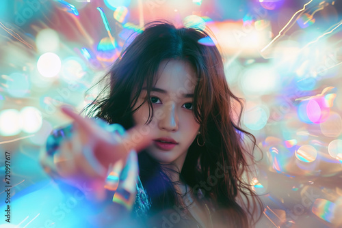 Young Korean woman pointing with finger at camera with soft motion blur effect and double exposure bokeh lights as background