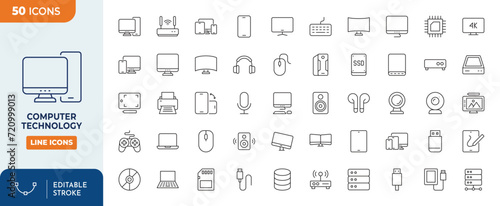 Computer technology Line Editable Icons set. computers, smart phone, watches, speaker, tablet, and more.