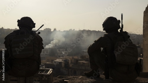 Soldiers and officer with weapons amidst the ruins of the city: Post-apocalyptic scene of military presence
