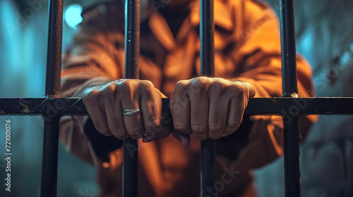 Hands of prisoner holding jail bars. Close up image, unrecognizable person