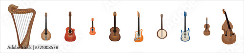Set of stringed instruments on white background