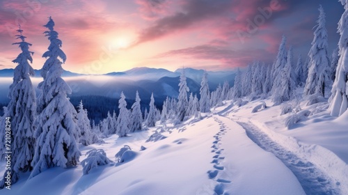 Fantastic winter landscape. Sunrise in the mountains. Carpathians, Ukraine, Europe. Generative AI