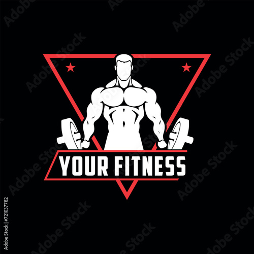 Sports. Gym. Muscular body. Athletic body. Bodybuilder poses. Logo and Emblems. Red and white