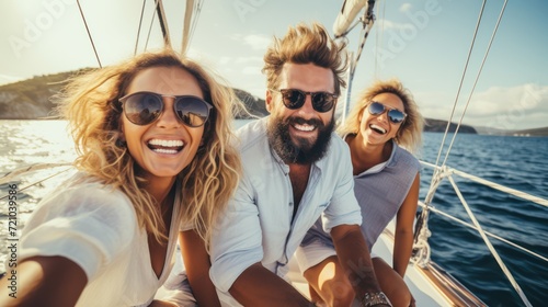 Group of friends having fun on the deck of a sailing yacht. Generative AI