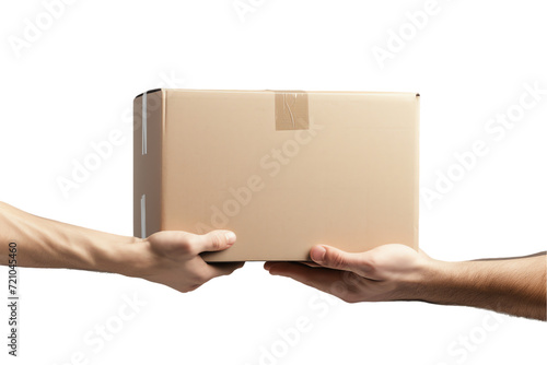 Businessman delivering an empty cardboard box with a blank paper, holding it securely in her hands as a gesture of giving and shipping