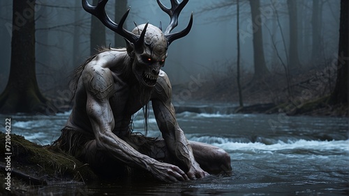 a mythological creature or evil spirit originating from Algonquian folklore wendigo sit beside a river