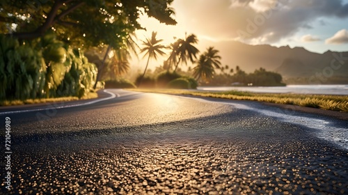 realistic photography of an asphalt road that connects directly to an exotic beach