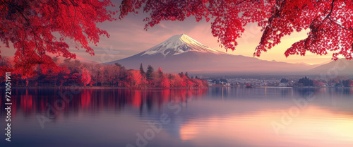 an image with a mountain and red autumn trees of japan