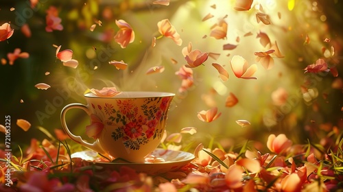 Sunlit Tea Cup Amidst Falling Petal Whispers