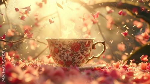 Sunlit Tea Cup Amidst Falling Petal Whispers