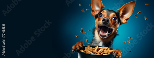 A happy Chihuahua puppy eats from a bowl on blue background. he smiles and looks at the camera, food flies around the puppy, a banner with a copyright for the text.