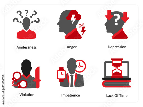 Six mix icons in red and black as aimlessness, anger, depression