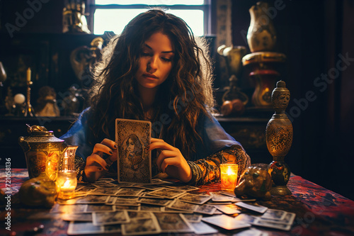 Young woman Seer fortune teller clairvoyant predicts the future with a cards on table.