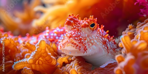 Vibrant red hawkfish resting on bright orange coral. marine life close-up. perfect for aquatic themed projects. AI