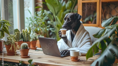 Doberman working on laptop at home office, business man dog in bathrobe drinking coffee, study room with pots of greenery, work from home concept