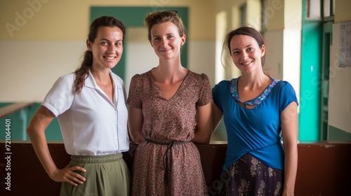 a full-length picture of a teacher, a pedagogue and a nurse standing next to each other at their educational institution and smiling at the camera