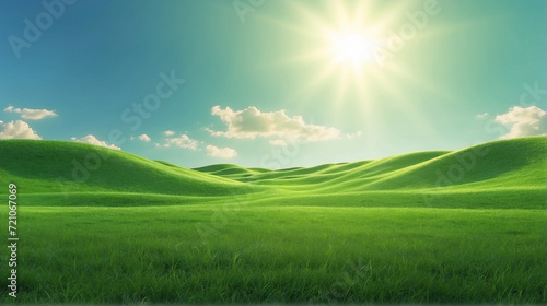 Green grassland background, with sunlight, environment and go green concept. 