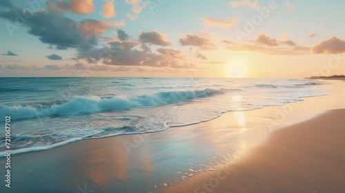 Serene beach sunrise with gentle waves and golden sky - perfect for travel, nature, or background imagery.