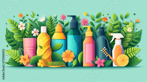 Spring Cleaning concept background with an illustration of colorful detergent bottles and brushes surrounded by green spring season leaves
