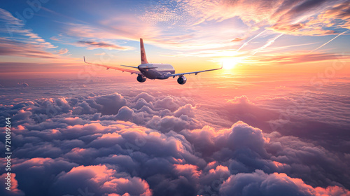 Airplane Flying Above Clouds at Sunset.A commercial airplane in flight above a sea of clouds, with the warm glow of the sunset illuminating the sky.