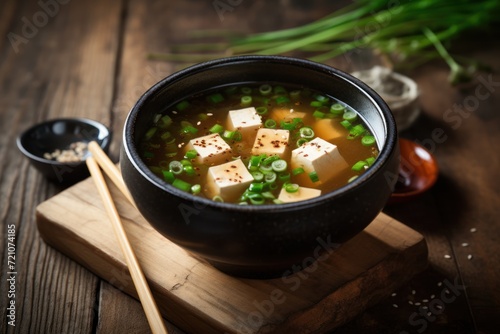 Minimal Style Miso Soup in Bowl on Rustic Background AI Generated