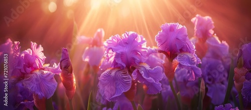 Stunning Purple Bearded Iris Blooms Bathed in Sunlight: A Captivating Vision of Purple, Bearded, Iris Blooms Illuminated by the Warmth of Sunlight