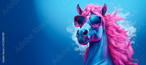 Funny cool horse wearing sunglasses. Wide banner with copy space for text. Graphic resource by Vita