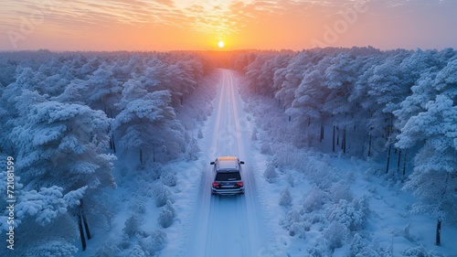 Car drives through snow forest landscape at sunset