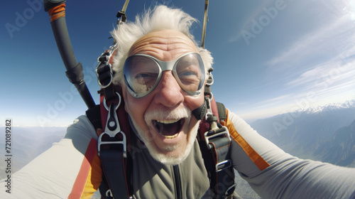 An older adventurer captures the thrill of a skydiving experience, posting a video of their daring feat to inspire others to embrace adventure